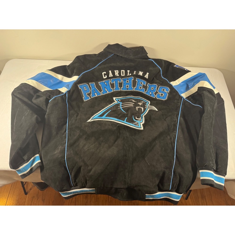 NFL Carolina Panthers Suede Varsity Jacket Mens XXL Black Blue Full Zip Bomber